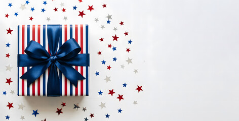 Obraz premium Single luxury gift box with patriotic red, white, and blue stripes on neutral surface, concept for American holidays, corporate gifting, and sales