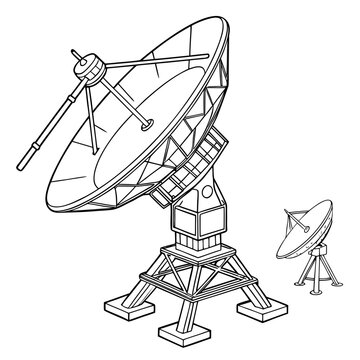 Detailed vector illustration of a large and small satellite dish with supporting structures on a white background