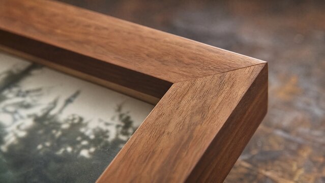 mitered. Close-up of a handmade wooden picture frame with precise mitered corners. lifestyle magazines, social media lookbooks, designed for influencer and brand collaborations, inspires lifestyle.
