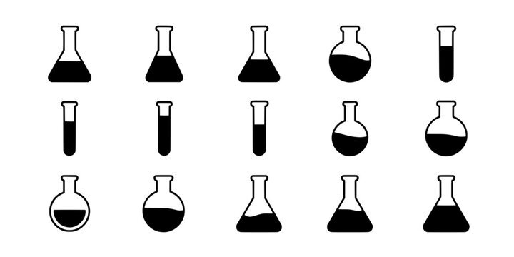 Beaker laboratory glassware icons set with black silhouettes and simple outline chemistry vessels for education and lab design
