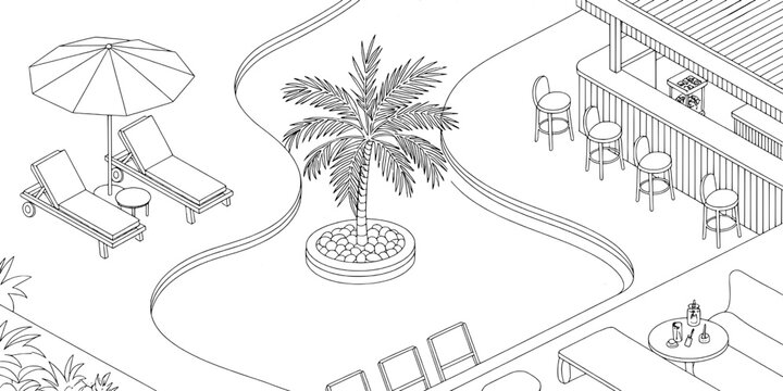 Beach resort island scene line icon with palm tree, lounge chairs, umbrellas, and curved paths for travel and hospitality design