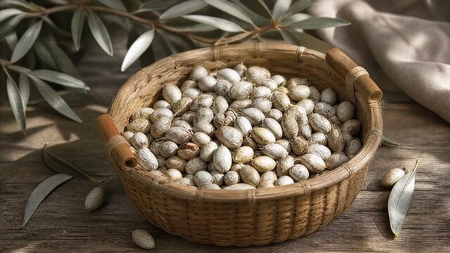 oleaster. A woven basket filled with fresh oleaster fruits with silver leaves nearby. gardening catalogs, home-decor guides, designed for home decor and floral branding, used by financial analysts.