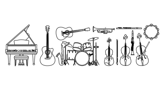 Set of various musical instruments including piano, guitar, drums, violin, trumpet, and flute
