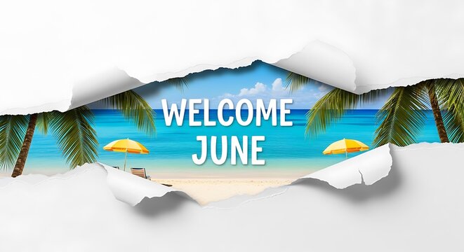 Torn paper beach scene with welcome June text