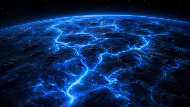 Ancient oceanic currents visualized as glowing blue veins on a dark planet, revealing hidden flows.