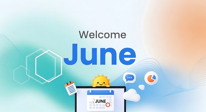 Smiling yellow character sitting at desk with calendar, June