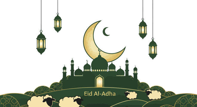Eid Al Adha celebration with mosque crescent moon and sheep.