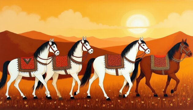 Four decorated horses walk in a dry grassy field at sunset. Majestic animals with ornate saddles move across warm orange landscape with distant hills. Stylized Indian painting.