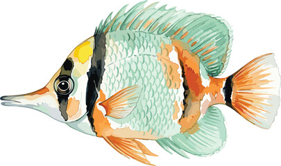 Watercolor Illustration of a Colorful Fish with Vibrant Scales and Fins for Marine Life, Aquatic Animals, and Oceanic Themes © MdAbusufian