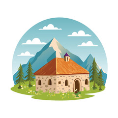 Naklejka premium Cartoon illustration of a house with mountains and trees in a natural environment