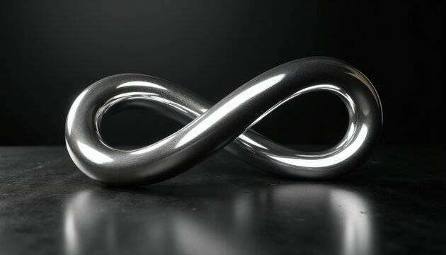 Polished silver infinity loop rests on dark surface. Symbol of endlessness and eternity. Modern 3D render with sleek metallic texture creates abstract design.
