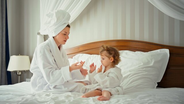 Mother wearing a bathrobe and hair wrapped in a towel, bonding with her young daughter also in a bathrobe, sitting on a hotel bed after a bath, symbolizing family care and relaxation