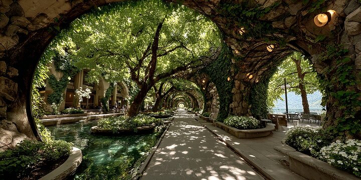 Enchanting Garden Path - A Tranquil Oasis of Greenery and Water.