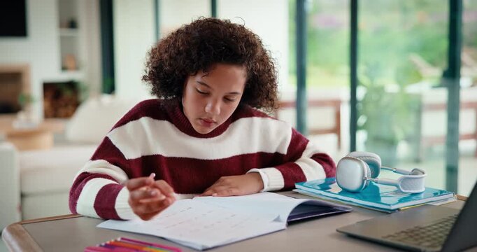 Child, writing and elearning in house with laptop, worksheet question or problem solving for math task. Girl, notes and thinking in home with computer, online education and knowledge for numeracy.