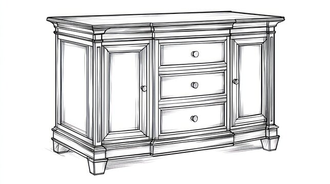 Elegant hand drawn illustration of a wooden sideboard with drawers and doors