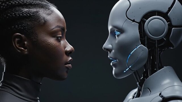 Close-up profile of a Black woman's face juxtaposed with a robotic android's face
