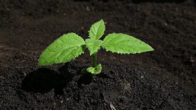 A large, healthy green plant with wide, serrated leaves rooted in dark, fertile soil. The leaves move and sway smoothly to show the full texture of the leaves and the structure of the plant.