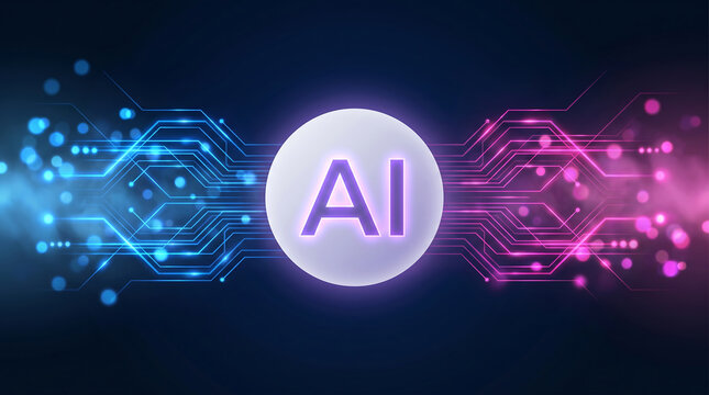 Abstract artificial intelligence concept with glowing circuit lines and blue pink bokeh background