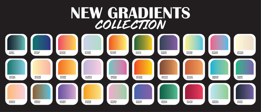 Mega collection of color gradient swatches with hex codes for UI UX design vector illustration