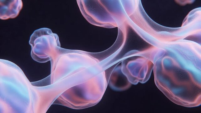 Translucent organic cell-like forms shown in abstract style on a dark background, expressing a concept of biology and connection