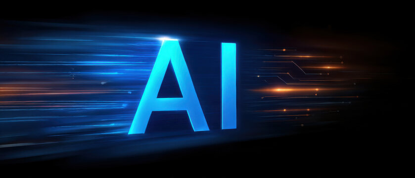Artificial intelligence concept glowing blue letter digital background technology banner fast motion futuristic design data stream dark background abstract light machine learning