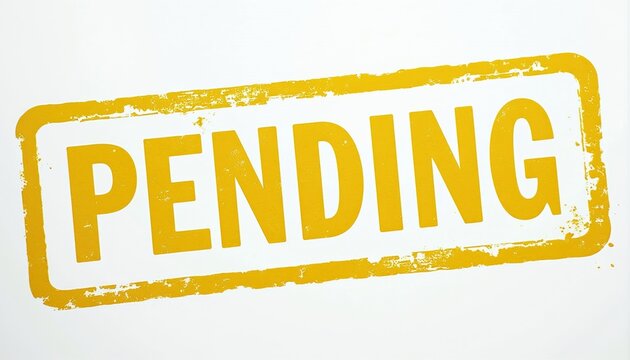 Yellow rectangular stamp reads PENDING in bold letters. Distressed texture adds aged quality. Suitable for legal process or project delay concepts.