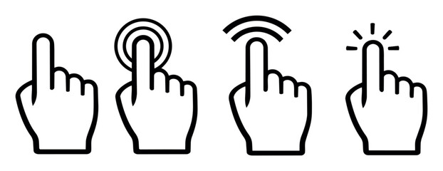 Obraz premium Hand pointer icons showcasing different interaction signals for interface, including tap, click, and touch