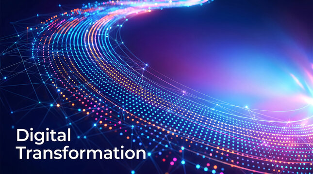Abstract Digital Transformation Concept Background with Glowing Curved Lines of Multi Colored Data