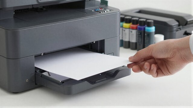 Hand pulls paper from printer ink cartridges visible in background.