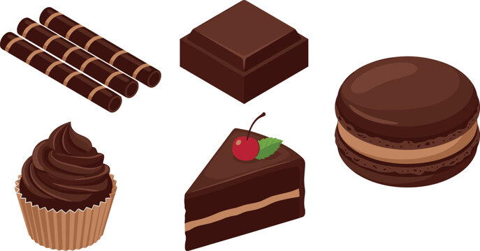 Gourmet Chocolate Dessert Vector Set with Cake Slice Cupcake Macaron Wafer Rolls and Block Pieces for Bakery Menu Graphic Designs