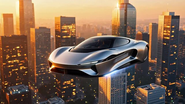 Futuristic flying car over city skyline