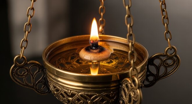 Ornate brass censer with a lit floating wick and intricate filigree details