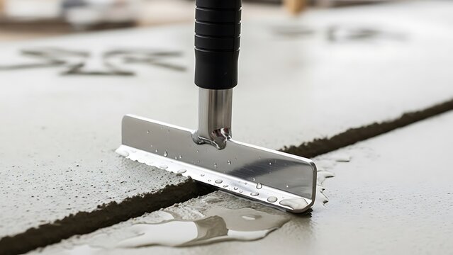 Close-up of a stainless steel concrete jointer tool working on wet cement