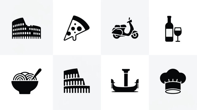 Black silhouette icons of food and transportation on gray background