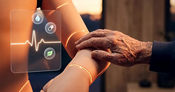 Elder hand touching soft robot arm with health HUD icons in home care scene, AI assistant, AI support elderly care