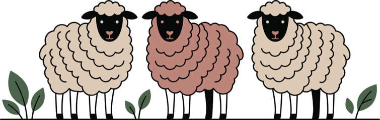 Three Cute Fluffy Sheep Character Illustrations with Pink and Beige Wool in a Pastoral Farm Setting for Childrens Books Nursery Decor and Sustainable Wool Branding © MDJulfikar