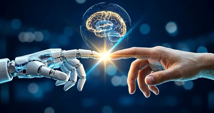Human and robot hands near touch with glowing brain hologram and data lines, AI assistant, AI support collaboration concept