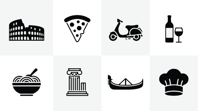 Collection of various food and travel icons on gray background