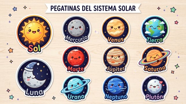 Solar system planets cartoon icons set with sun and moon