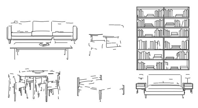 Sofa, coffee table, dining set, bookshelf, bed, and nightstands