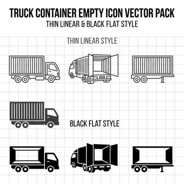 Cargo Truck and Empty Container Vector Icon Set - Line & Flat Style