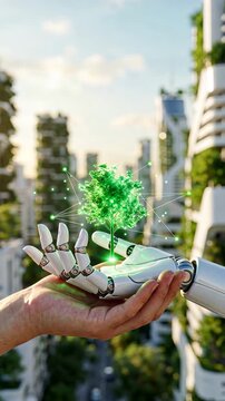 Human and robot hands hold glowing tree sapling in green city showing AI assistant, AI support sustainability future