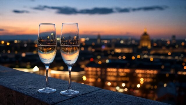 rooftop. Two champagne glasses on a rooftop ledge, capturing the glow of city lights in a romantic twilight setting. bar promotions, beverage menus, designed for product packaging and bar promotions.