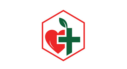 Fototapeta premium Healthy Heart Symbol In Hexagon Frame With Medical Cross Healthcare Illustration, Logo