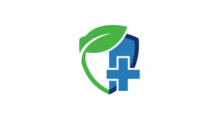 Fototapeta premium Healthy Nature Medicine Logo: Shield, Leaf, Cross Symbolizing Wellness and Protection