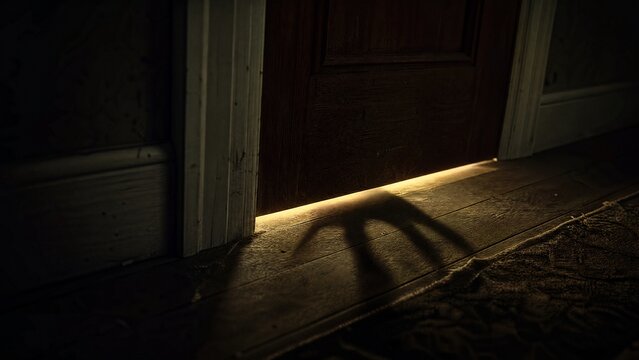 suspense. Shadow under door crack with distant threatening light, dramatic contrast scene. wellbeing guides, coaching materials, designed for mental health education and mindfulness programs.