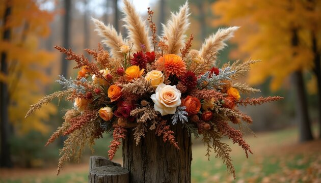 Autumnal floral arrangement on wooden post features roses, dalias, pampas grass and greenery. Colorful fall bouquet offers rustic wedding or event decor. Nature beauty in outdoor setting.