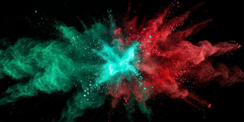 Two colorful clouds of powder, red and green, collide in a dynamic explosion against a stark black background, creating a vibrant abstract art piece. © BIBI