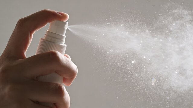 Slow-motion fine water mist spray from hand nozzle on neutral background