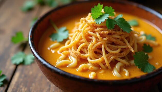 Bowl of Thai Khao Soi noodle soup with coconut curry broth and crispy noodles on top. Garnished with fresh cilantro leaves. A delicious Asian street food dish.